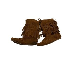 Minnetonka Fringe Leather Mid Calf Brown Flat Boot Women's Size 7.5